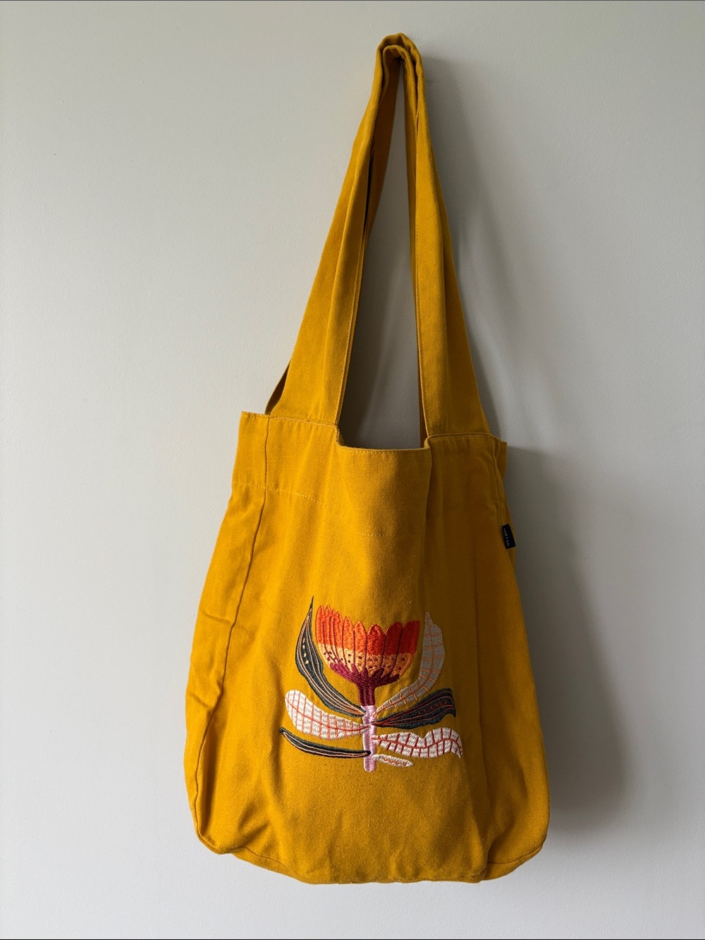 Mustard Yellow Embroidered Floral Canvas Tote